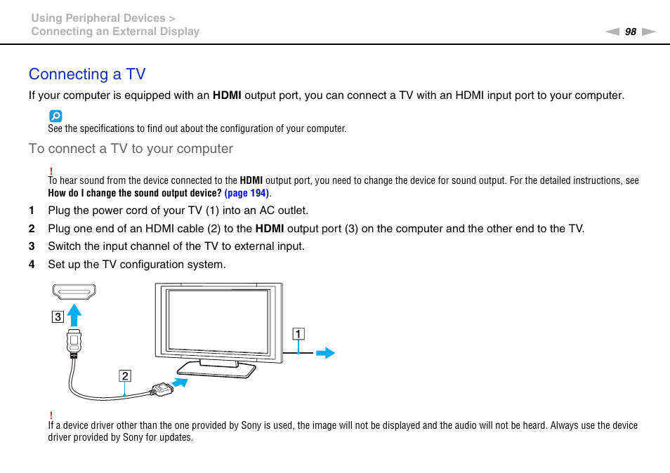 Connecting a tv | Sony VGN-SR490DDB User Manual | Page 98 / 203