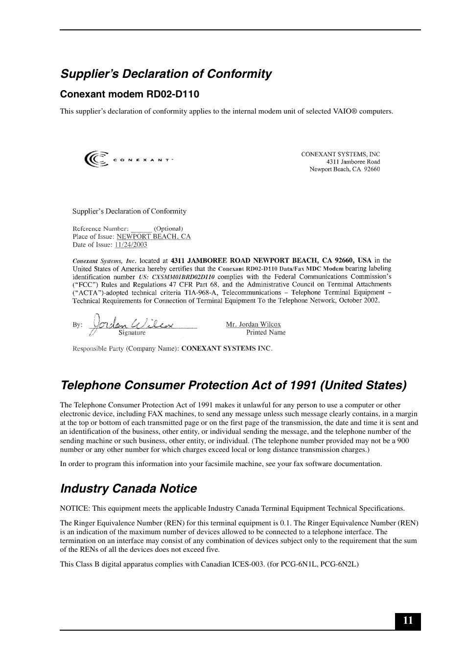 Supplier’s declaration of conformity, Industry canada notice | Sony VGN-SZ390P User Manual | Page 11 / 20
