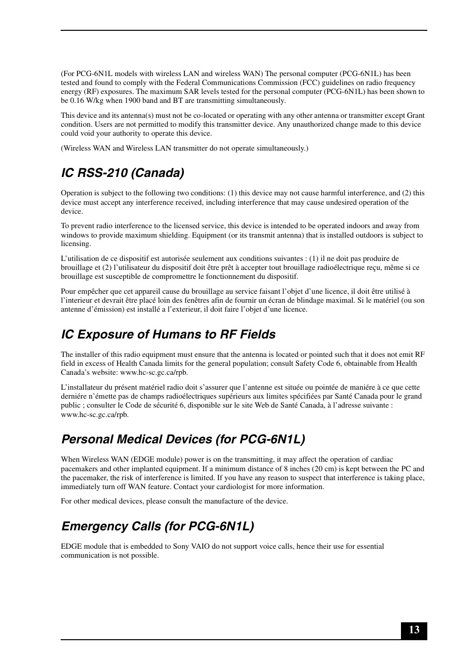 Ic rss-210 (canada), Ic exposure of humans to rf fields, Personal medical devices (for pcg-6n1l) | Emergency calls (for pcg-6n1l) | Sony VGN-SZ390P User Manual | Page 13 / 20