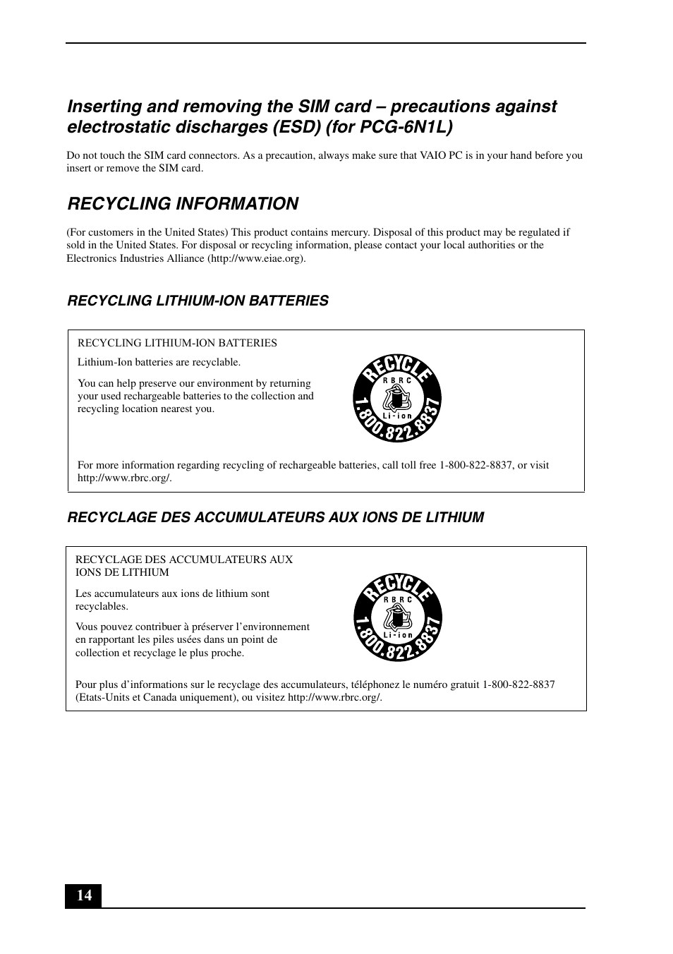 Recycling information | Sony VGN-SZ390P User Manual | Page 14 / 20