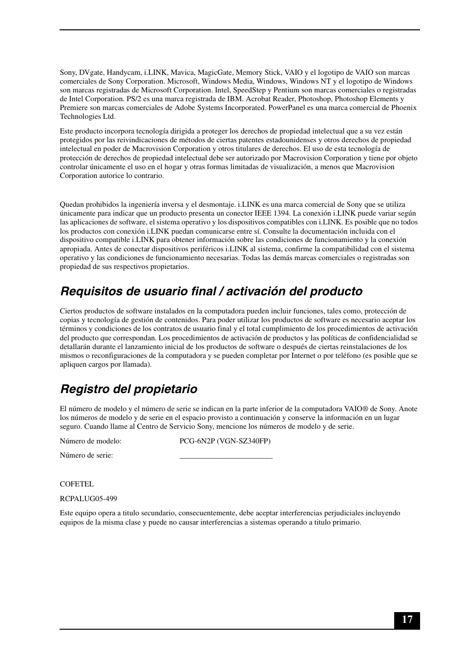 Registro del propietario | Sony VGN-SZ390P User Manual | Page 17 / 20