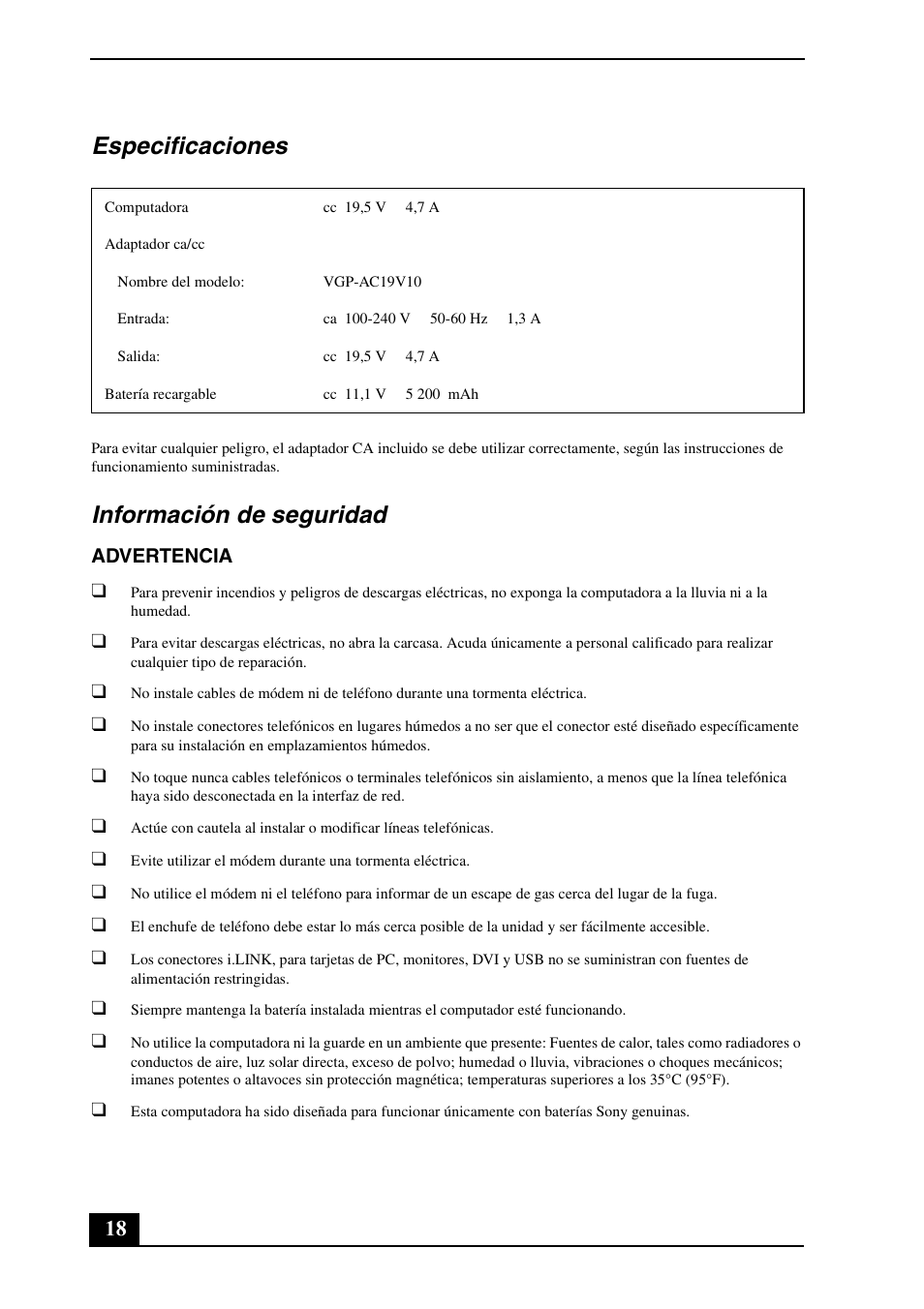 Especificaciones, Información de seguridad | Sony VGN-SZ390P User Manual | Page 18 / 20