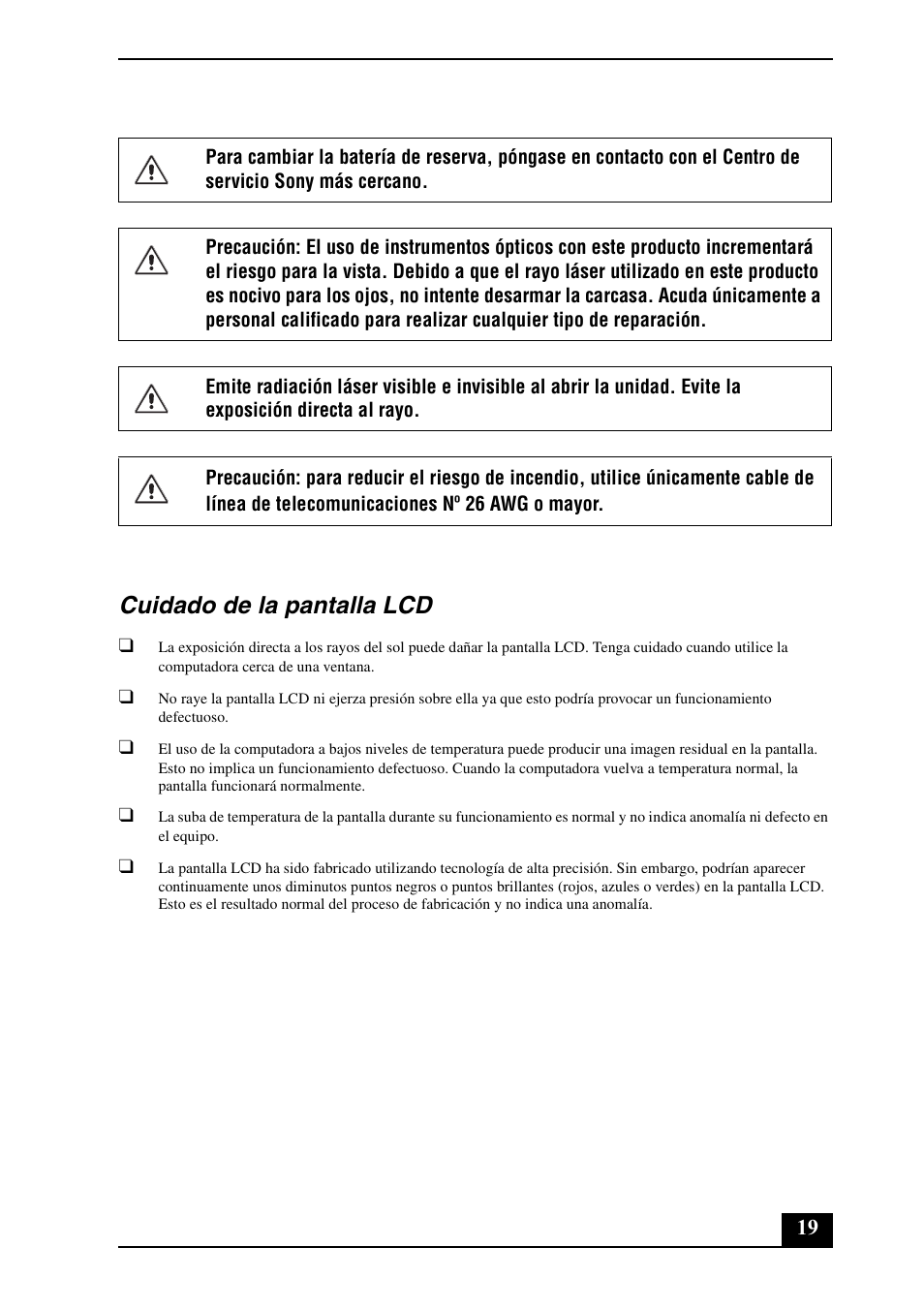 Cuidado de la pantalla lcd | Sony VGN-SZ390P User Manual | Page 19 / 20