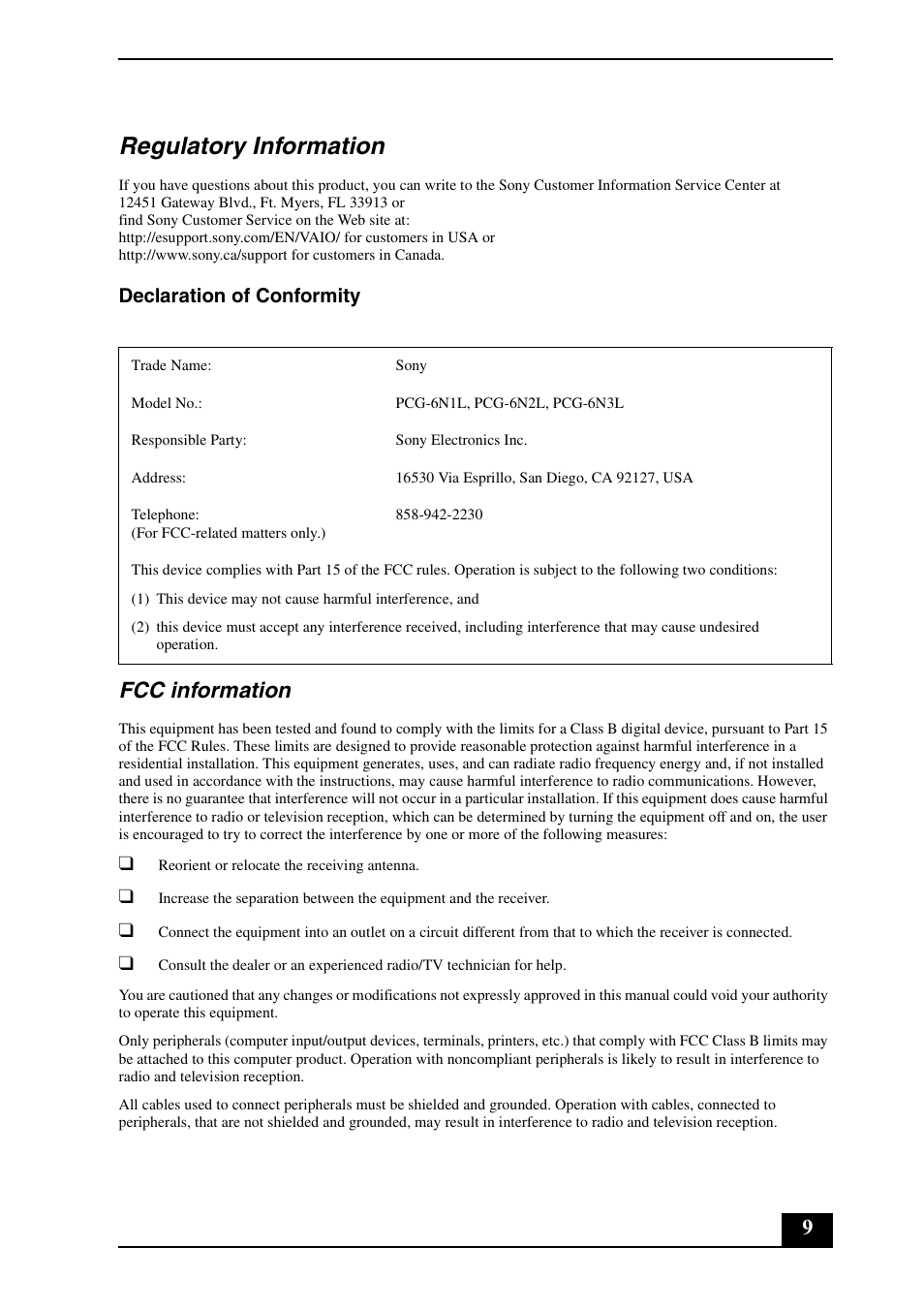 Regulatory information, Fcc information, Declaration of conformity | Sony VGN-SZ390P User Manual | Page 9 / 20