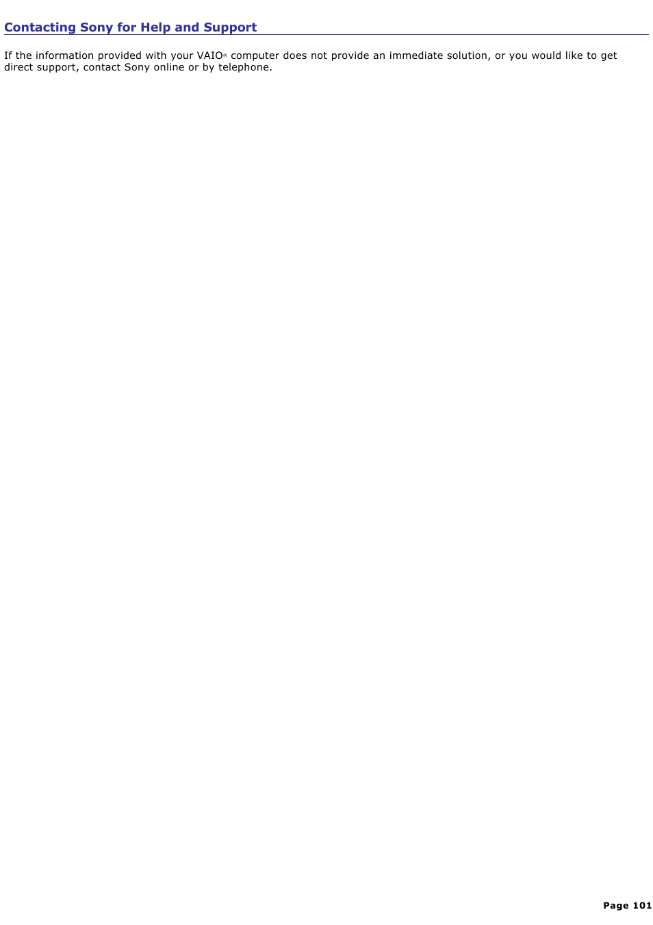 Contacting sony for help and support | Sony PCV-W20 User Manual | Page 101 / 103