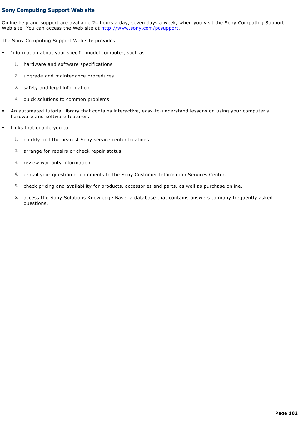 Sony computing support web site | Sony PCV-W20 User Manual | Page 102 / 103