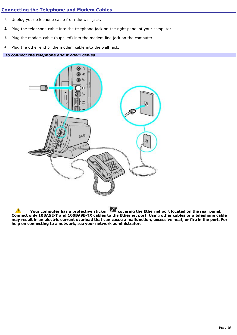 Connecting the telephone and modem cables | Sony PCV-W20 User Manual | Page 15 / 103