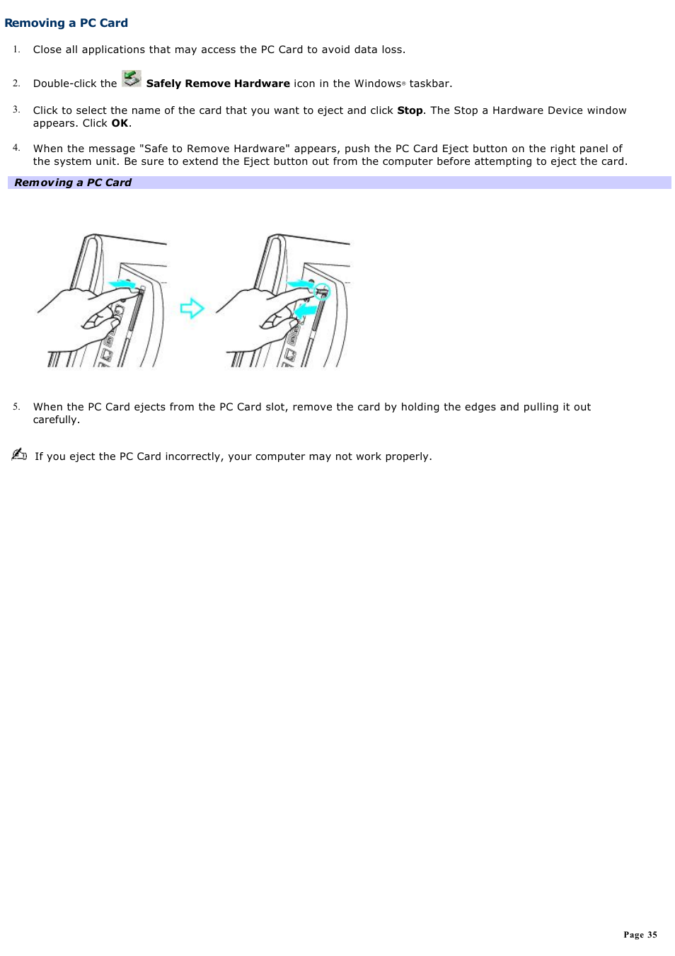Removing a pc card | Sony PCV-W20 User Manual | Page 35 / 103