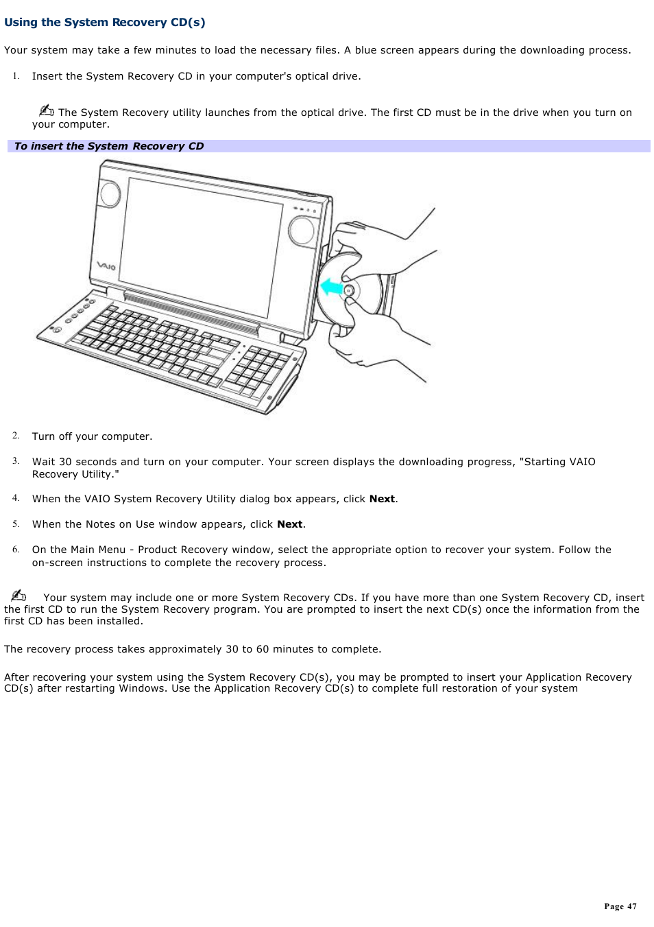 Using the system recovery cd(s) | Sony PCV-W20 User Manual | Page 47 / 103