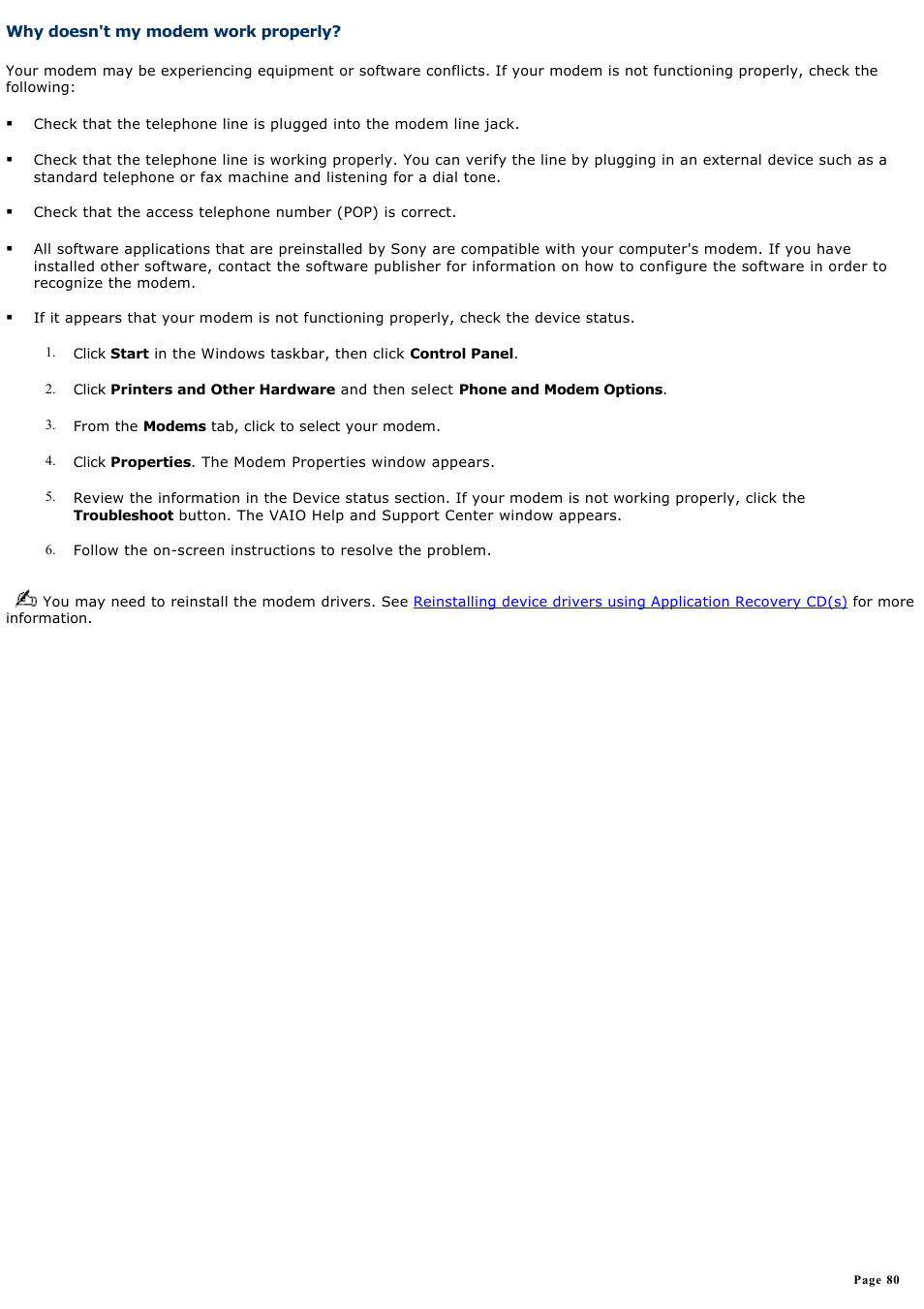 Why doesn't my modem work properly | Sony PCV-W20 User Manual | Page 80 / 103