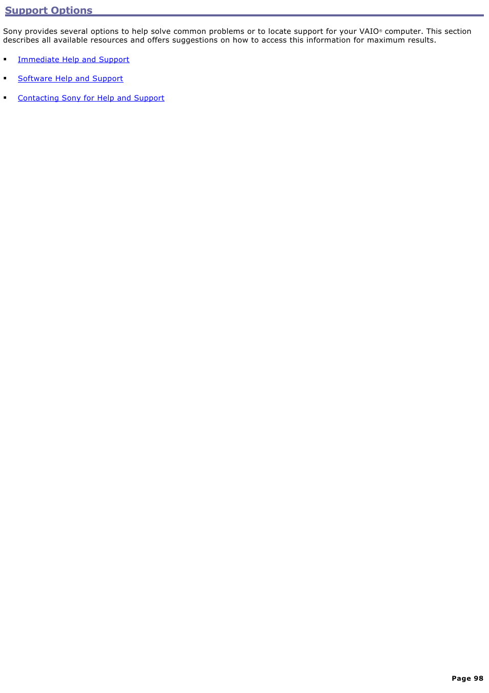 Support options | Sony PCV-W20 User Manual | Page 98 / 103