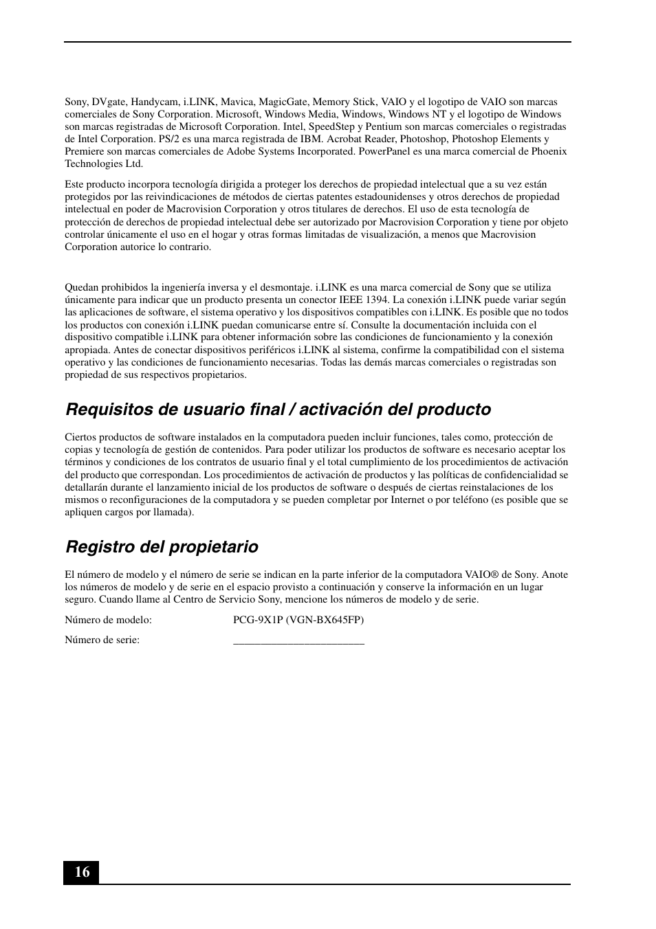 Registro del propietario | Sony VGN-BX670P User Manual | Page 16 / 20