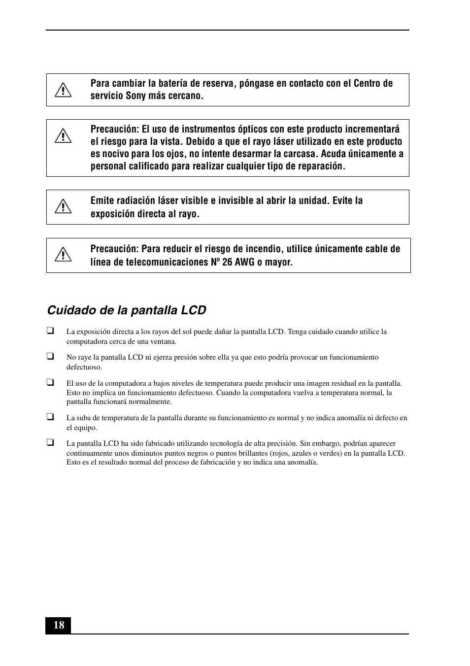 Cuidado de la pantalla lcd | Sony VGN-BX670P User Manual | Page 18 / 20