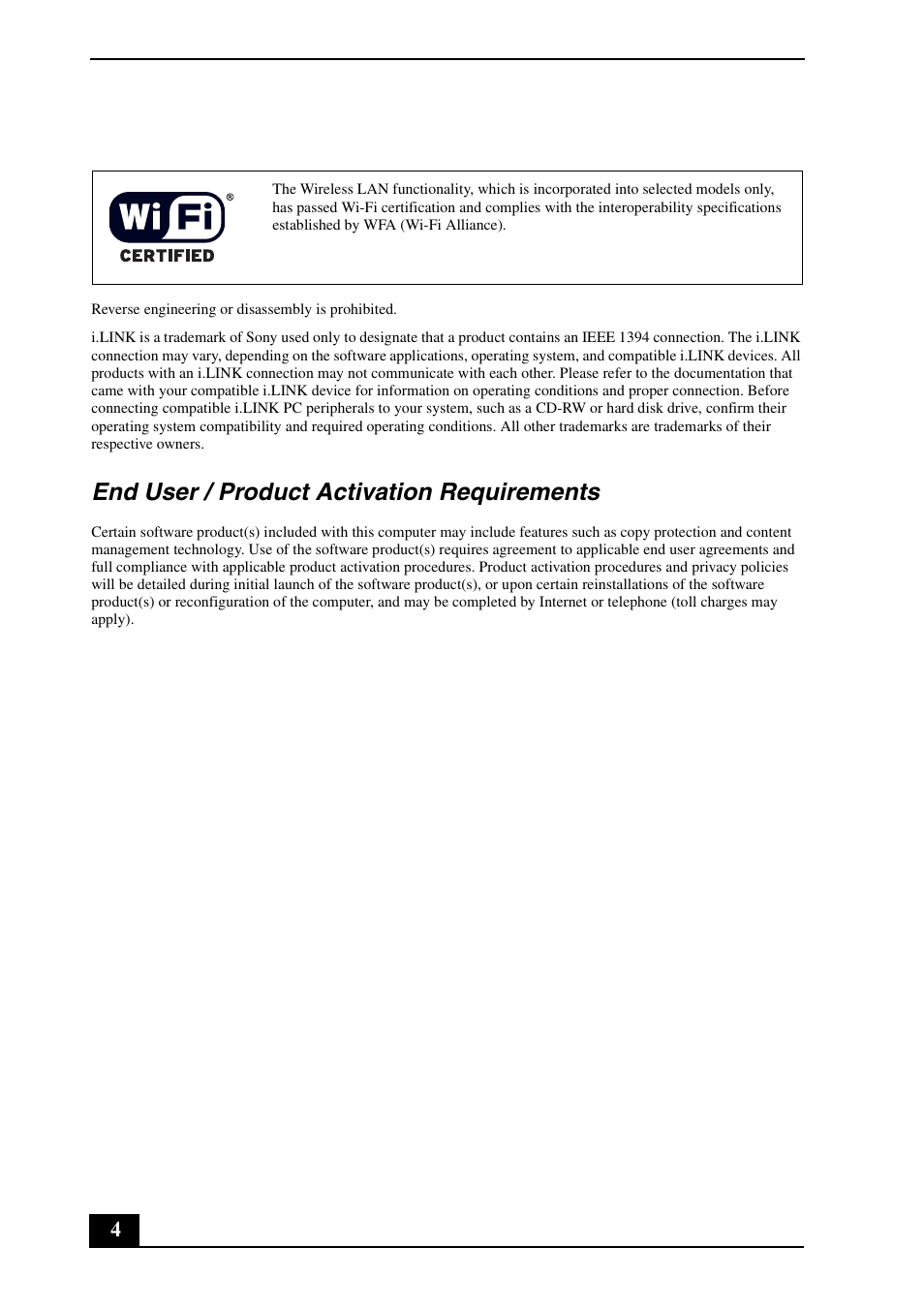 End user / product activation requirements | Sony VGN-BX670P User Manual | Page 4 / 20