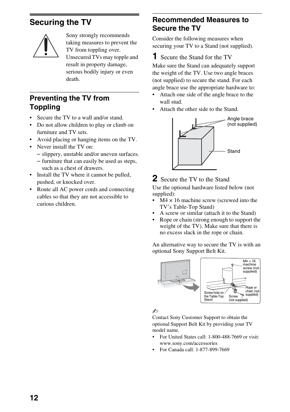 Securing the tv, Preventing the tv from toppling, Recommended measures to secure the tv | Sony XBR-52HX909 User Manual | Page 12 / 24