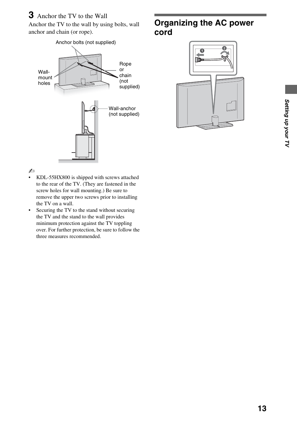 Organizing the ac power cord | Sony XBR-52HX909 User Manual | Page 13 / 24