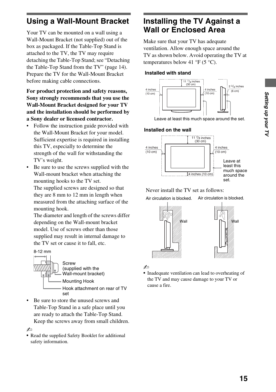 Using a wall-mount bracket, Installing the tv against a wall or enclosed area, Never install the tv set as follows | Sony XBR-52HX909 User Manual | Page 15 / 24