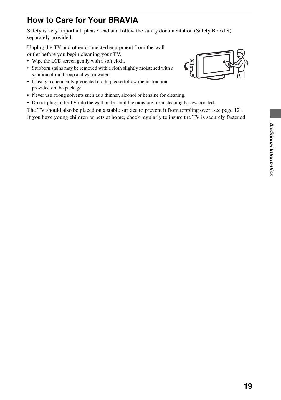 How to care for your bravia | Sony XBR-52HX909 User Manual | Page 19 / 24