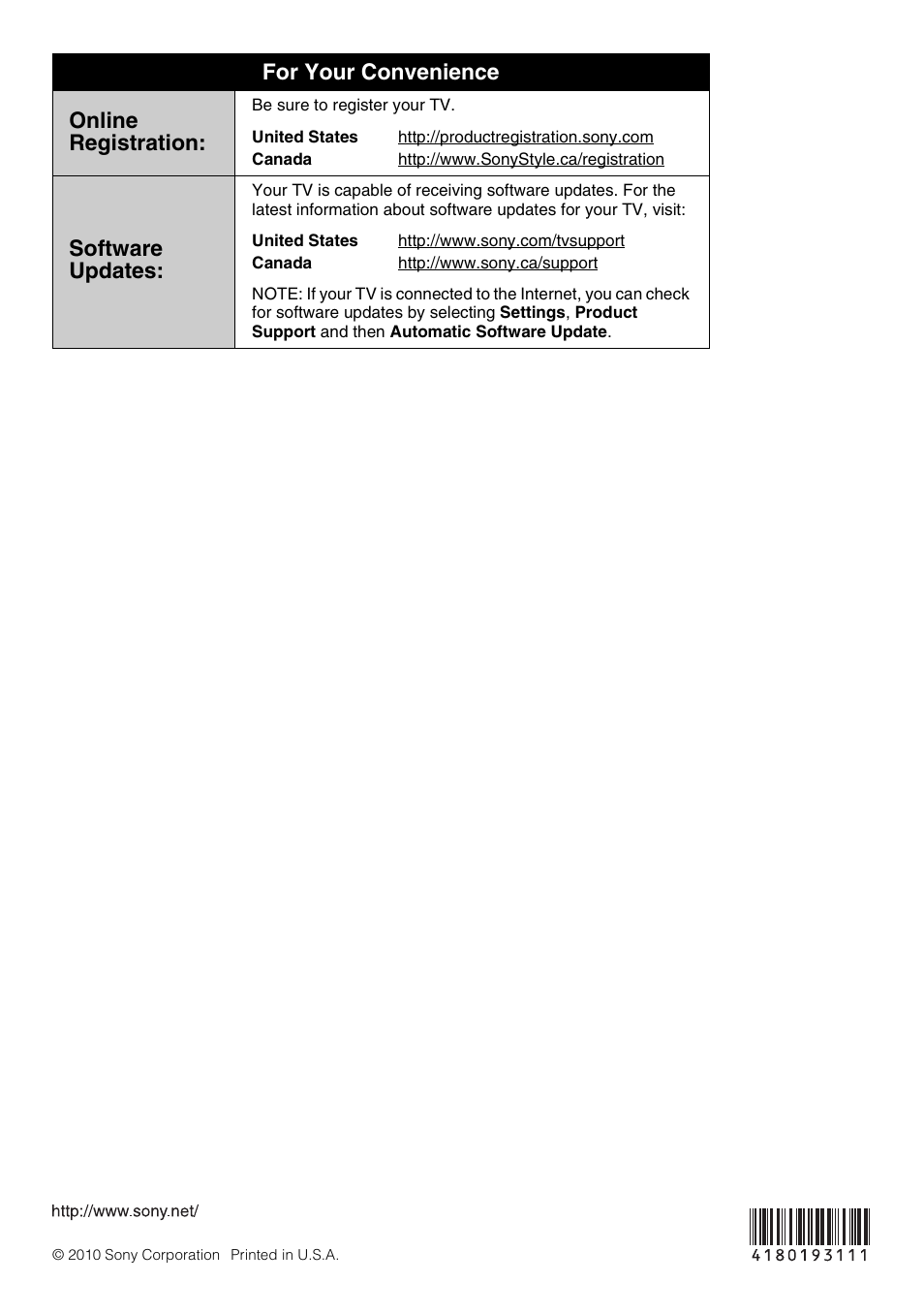 For your convenience online registration, Software updates | Sony XBR-52HX909 User Manual | Page 24 / 24