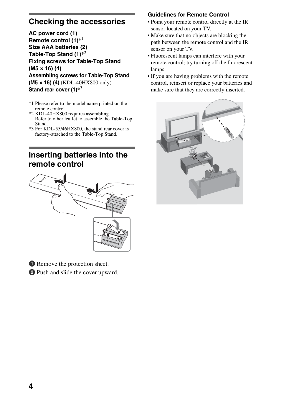 Checking the accessories, Inserting batteries into the remote control | Sony XBR-52HX909 User Manual | Page 4 / 24