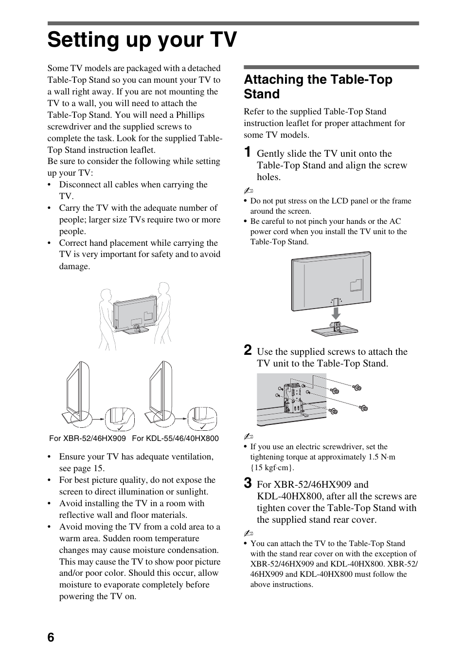 Setting up your tv, Attaching the table-top stand | Sony XBR-52HX909 User Manual | Page 6 / 24