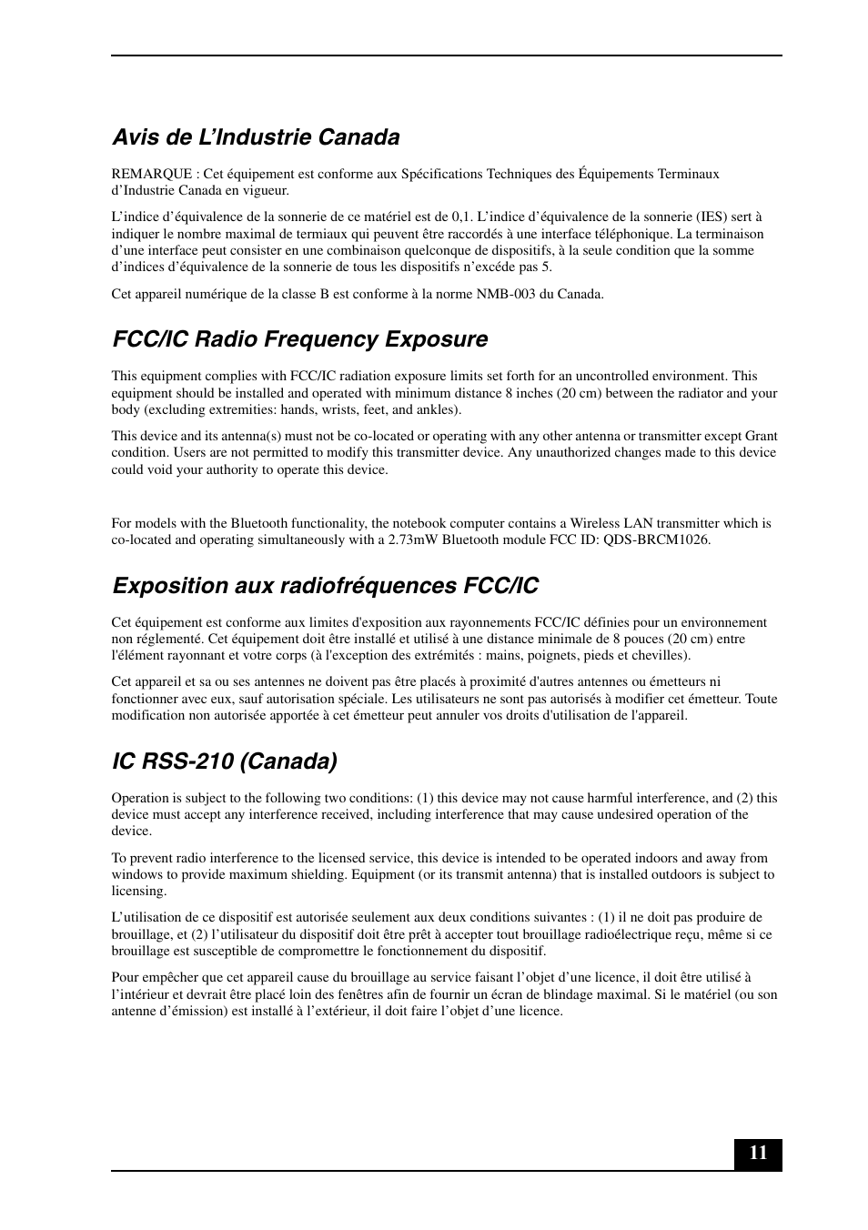Avis de l’industrie canada, Fcc/ic radio frequency exposure, Exposition aux radiofréquences fcc/ic | Ic rss-210 (canada) | Sony VGN-FW490DEB User Manual | Page 11 / 20