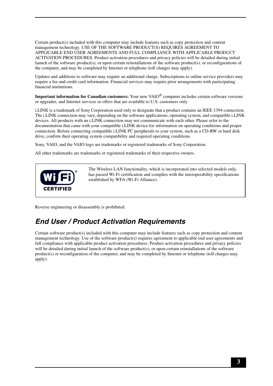 End user / product activation requirements | Sony VGN-FW490DEB User Manual | Page 3 / 20