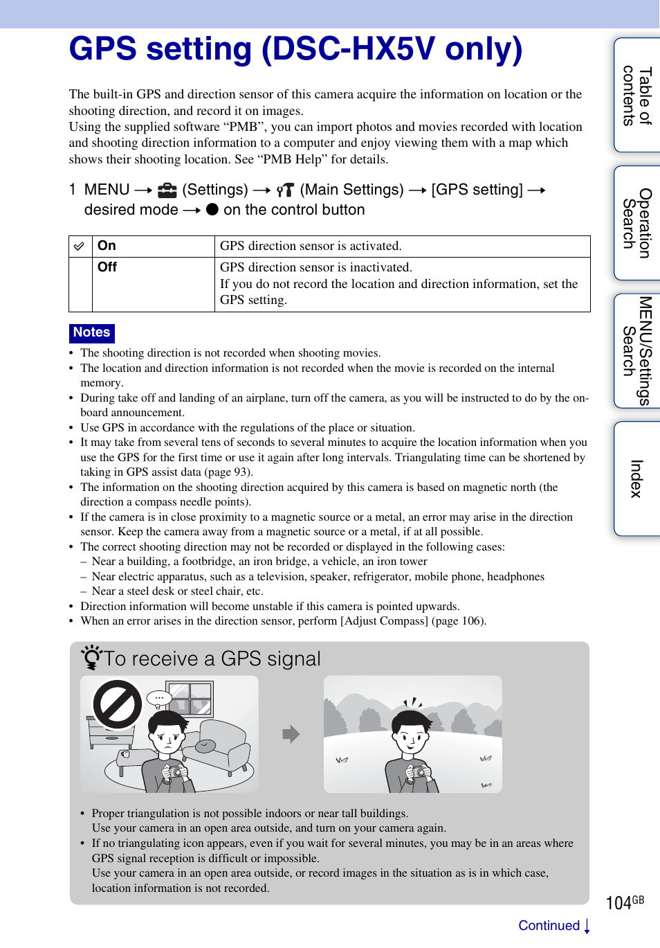 Gps setting (dsc-hx5v only) | Sony DSC-HX5V User Manual | Page 104 / 160