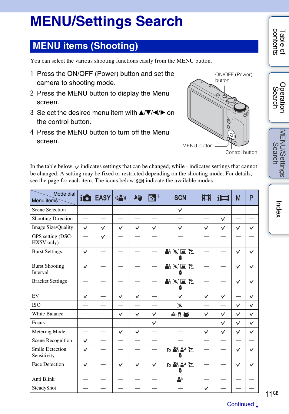Menu/settings search, Se ar, Ttin | Menu items (shooting) | Sony DSC-HX5V User Manual | Page 11 / 160