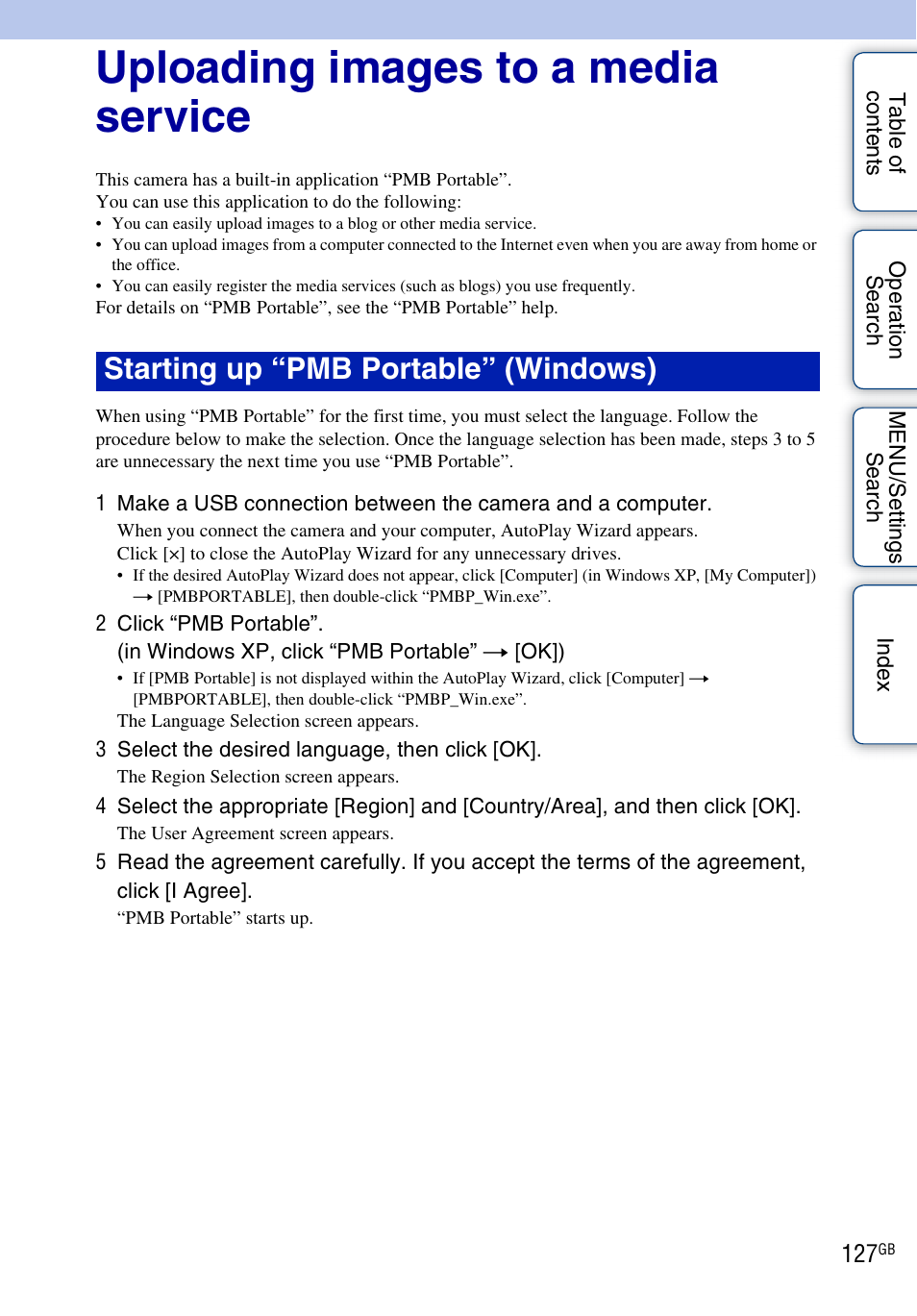 Uploading images to a media service, Starting up “pmb portable” (windows) | Sony DSC-HX5V User Manual | Page 127 / 160