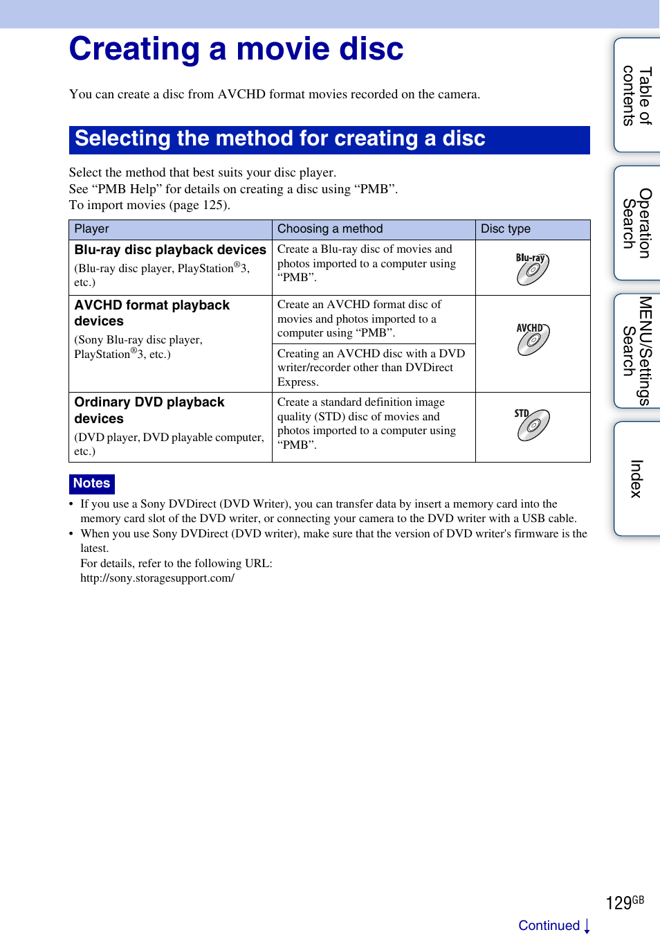 Creating a movie disc, Selecting the method for creating a disc | Sony DSC-HX5V User Manual | Page 129 / 160