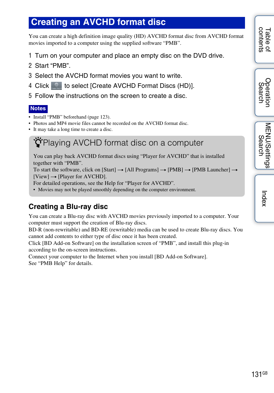 Creating an avchd format disc, Playing avchd format disc on a computer, Creating a blu-ray disc | Sony DSC-HX5V User Manual | Page 131 / 160