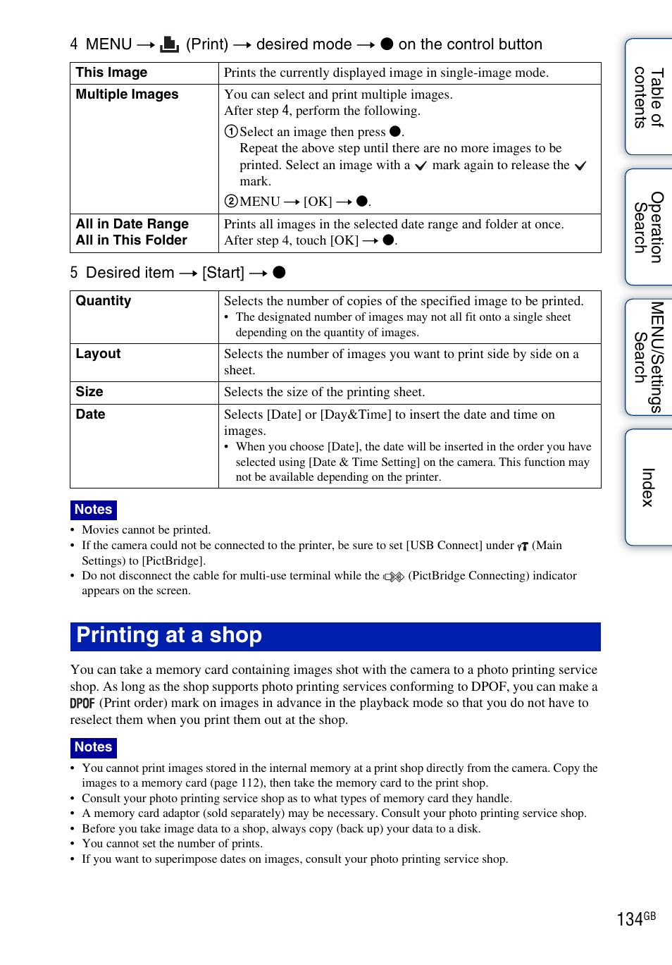Printing at a shop | Sony DSC-HX5V User Manual | Page 134 / 160
