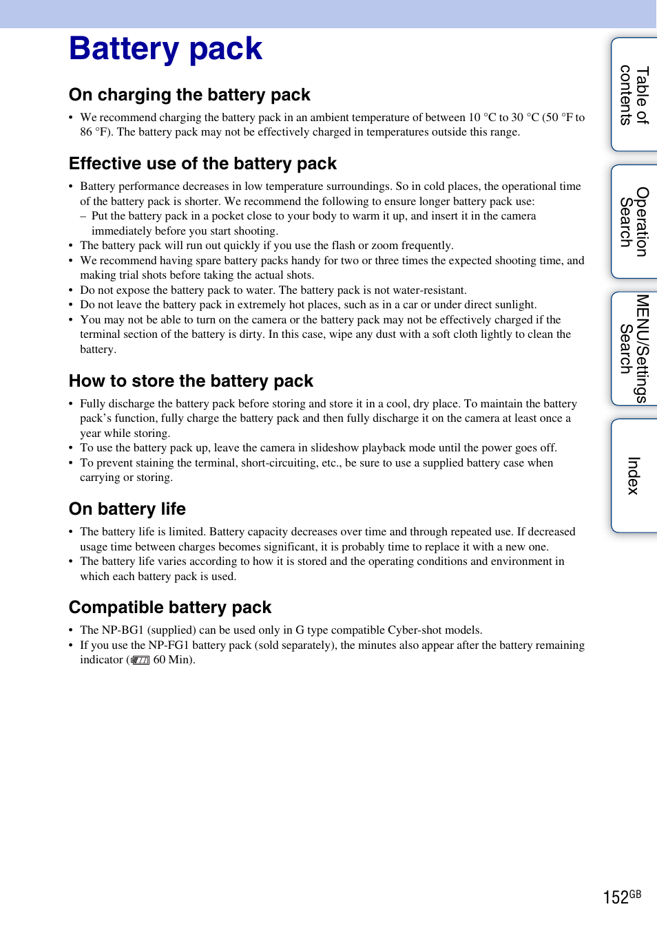 Battery pack, On charging the battery pack, Effective use of the battery pack | How to store the battery pack, On battery life, Compatible battery pack | Sony DSC-HX5V User Manual | Page 152 / 160