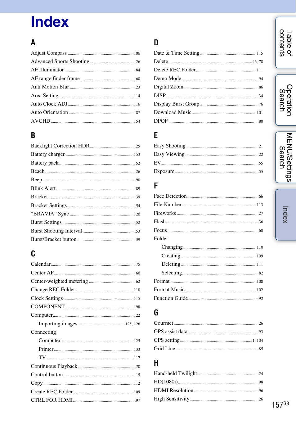 Index, De x | Sony DSC-HX5V User Manual | Page 157 / 160