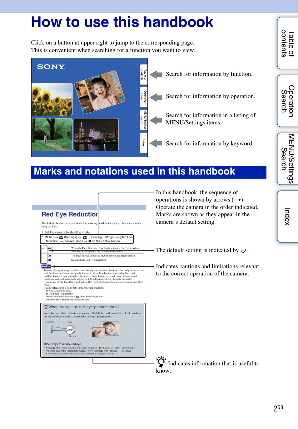 How to use this handbook, Marks and notations used in this handbook | Sony DSC-HX5V User Manual | Page 2 / 160