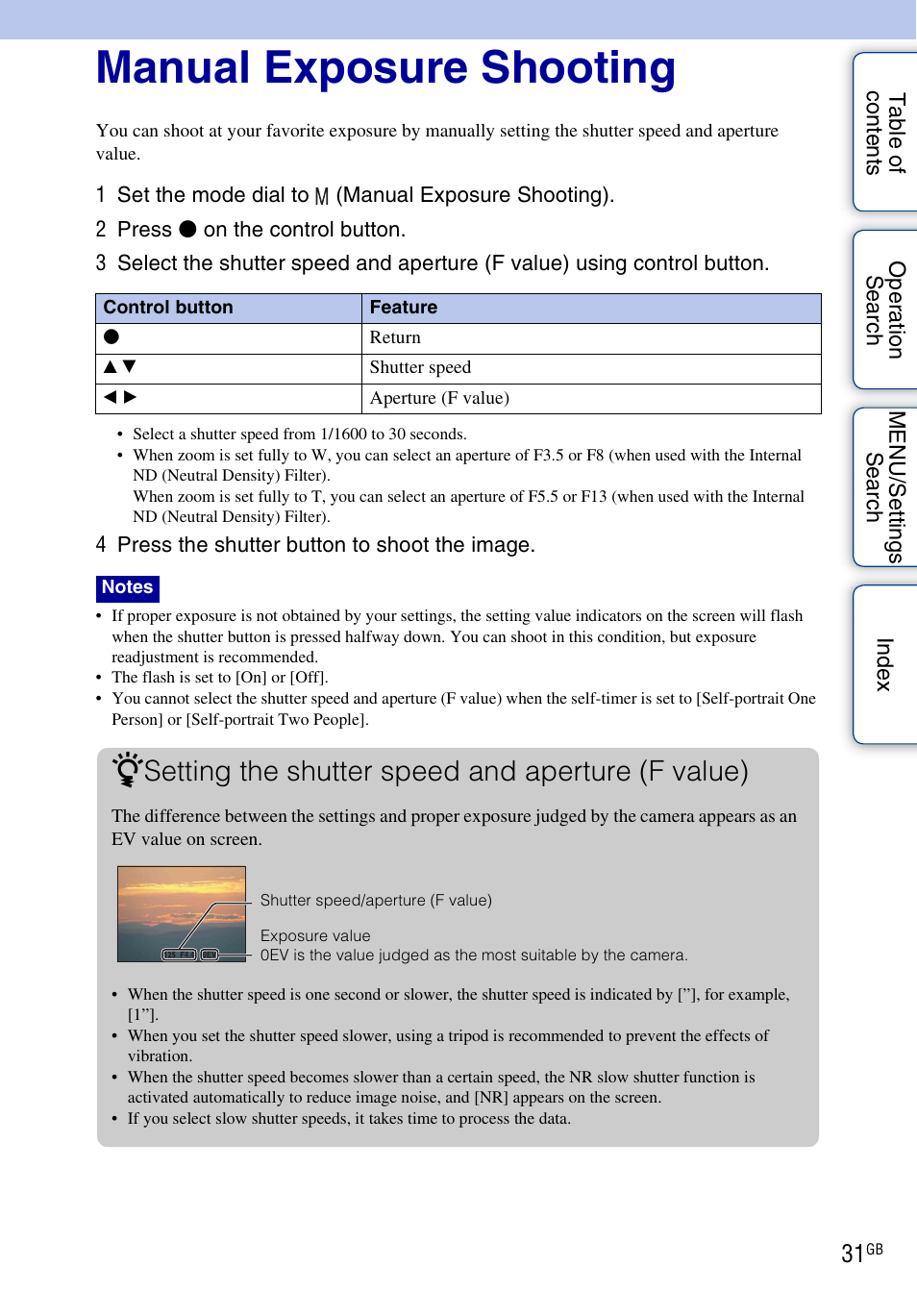 Manual exposure shooting, Setting the shutter speed and aperture (f value) | Sony DSC-HX5V User Manual | Page 31 / 160