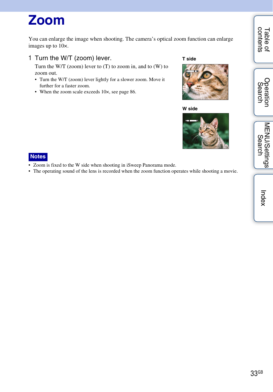 Zoom | Sony DSC-HX5V User Manual | Page 33 / 160