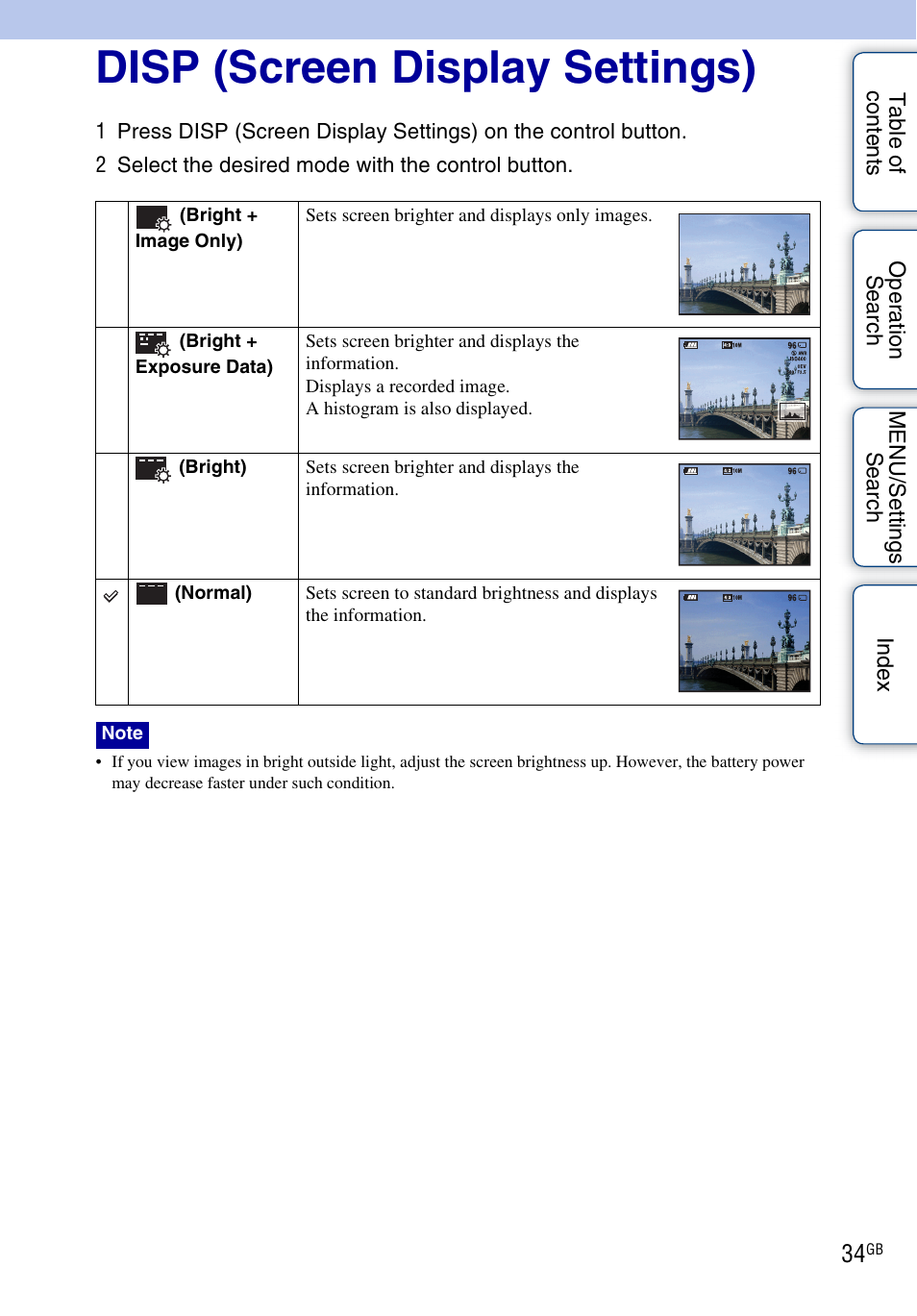 Disp (screen display settings) | Sony DSC-HX5V User Manual | Page 34 / 160