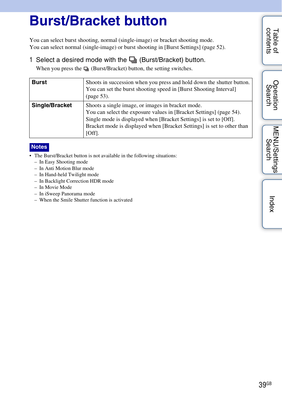 Burst/bracket button | Sony DSC-HX5V User Manual | Page 39 / 160