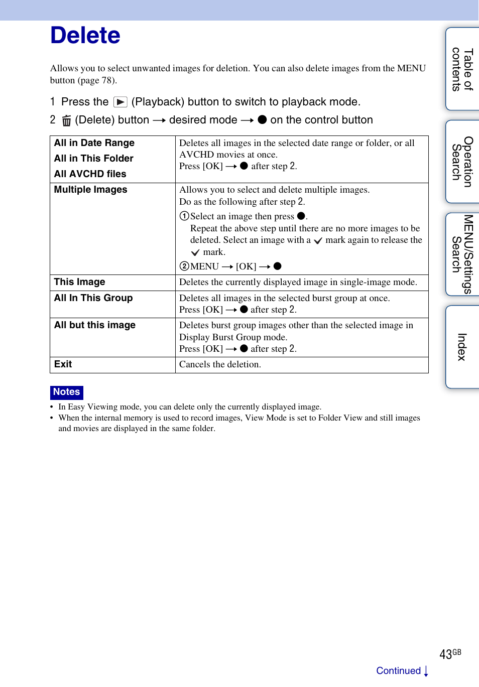 Delete | Sony DSC-HX5V User Manual | Page 43 / 160