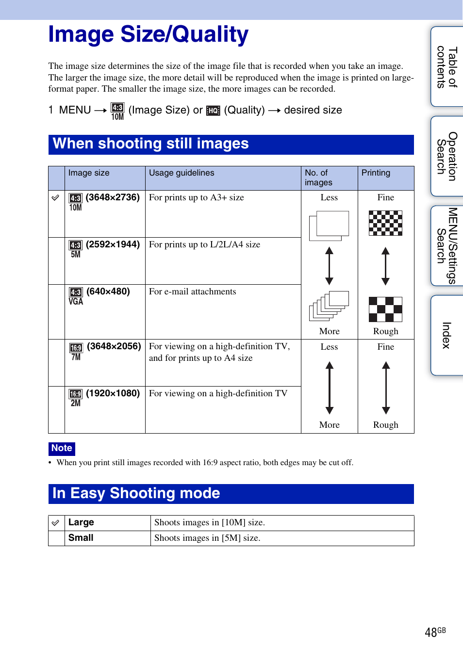 Image size/quality, When shooting still images | Sony DSC-HX5V User Manual | Page 48 / 160