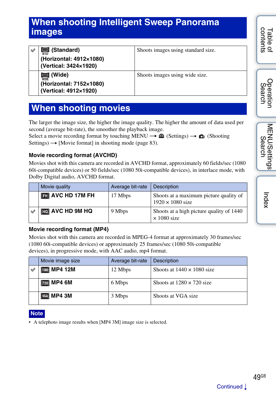 When shooting intelligent sweep panorama images, When shooting movies | Sony DSC-HX5V User Manual | Page 49 / 160