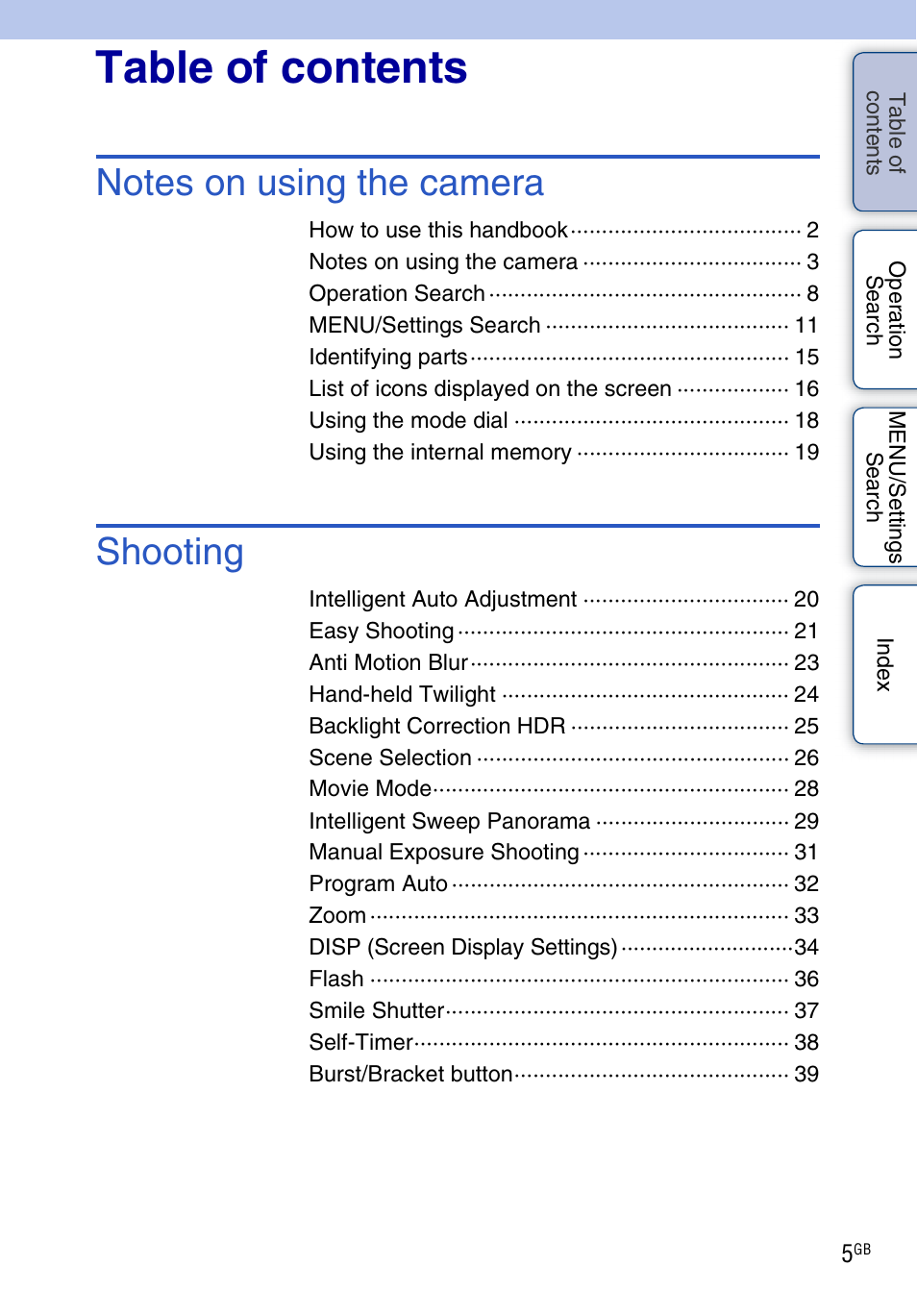 Sony DSC-HX5V User Manual | Page 5 / 160