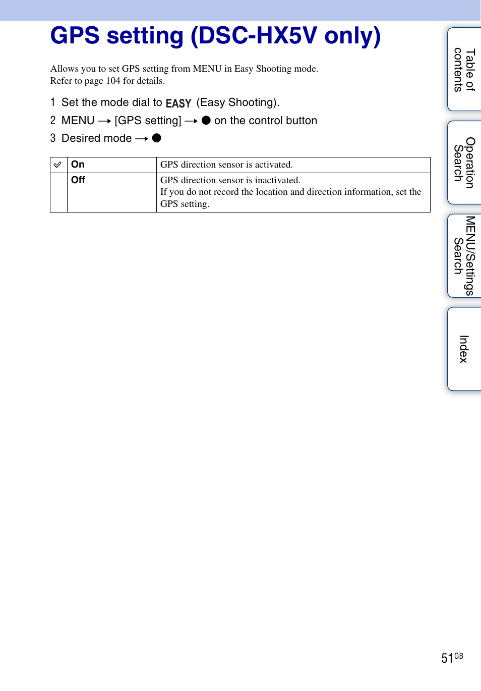 Gps setting (dsc-hx5v only), Gps setting (dsc- hx5v only) | Sony DSC-HX5V User Manual | Page 51 / 160