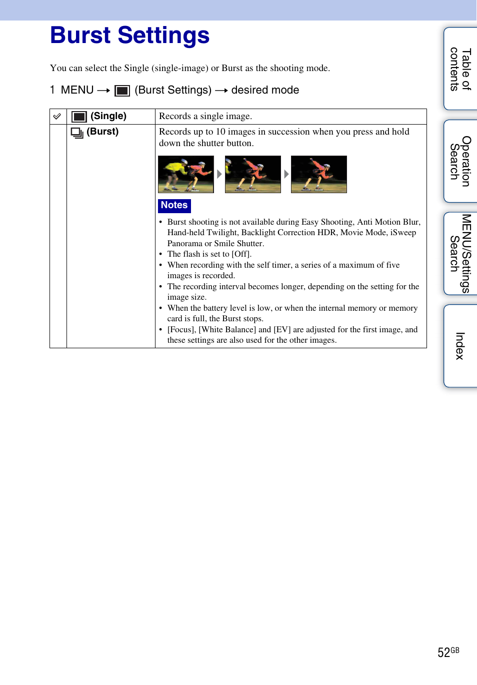 Burst settings | Sony DSC-HX5V User Manual | Page 52 / 160