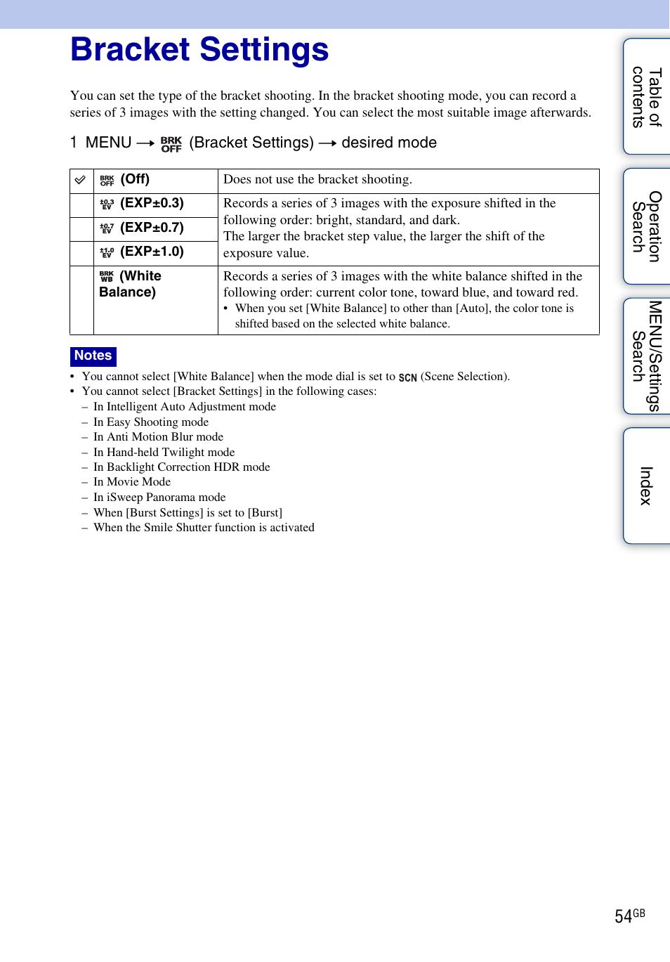 Bracket settings | Sony DSC-HX5V User Manual | Page 54 / 160