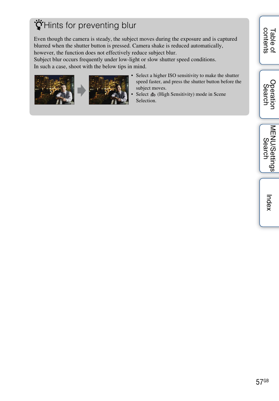 Hints for preventing blur | Sony DSC-HX5V User Manual | Page 57 / 160