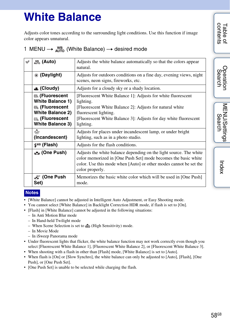 White balance | Sony DSC-HX5V User Manual | Page 58 / 160