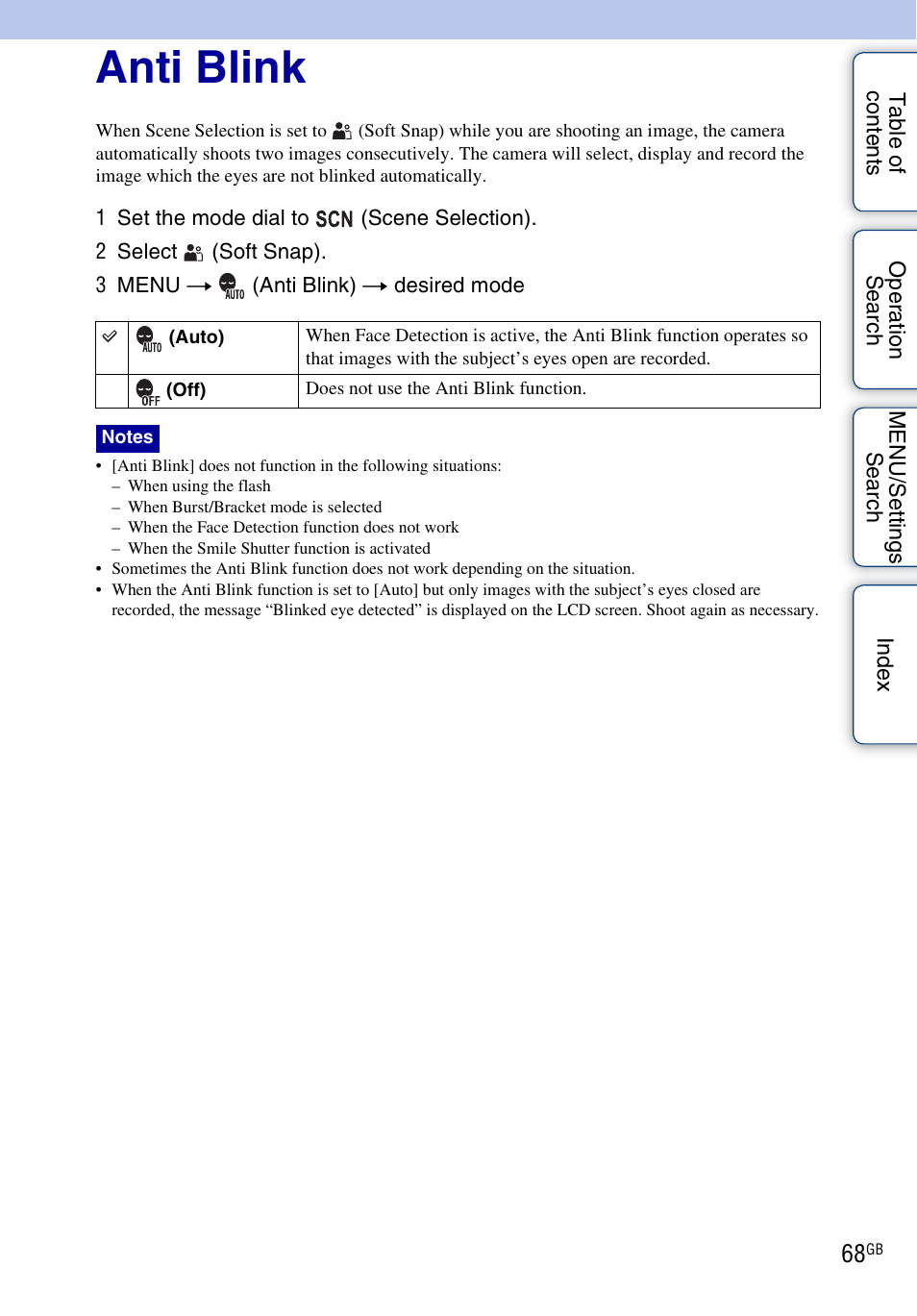 Anti blink | Sony DSC-HX5V User Manual | Page 68 / 160